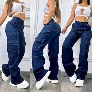 PANTALÓN TIRO ALTO CON BOLSAS LONA AZUL MARINO  DEGRADADO PARA DAMA